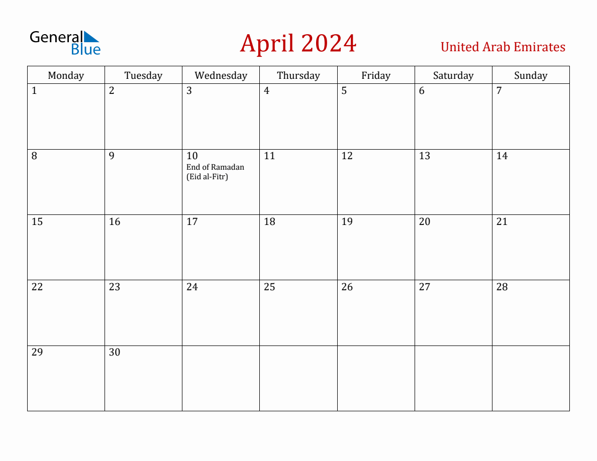 April 2024 United Arab Emirates Monthly Calendar with Holidays