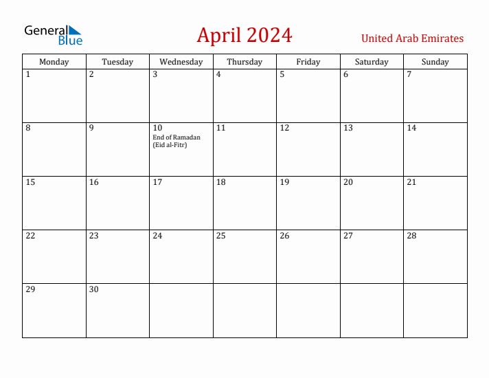 United Arab Emirates April 2024 Calendar - Monday Start