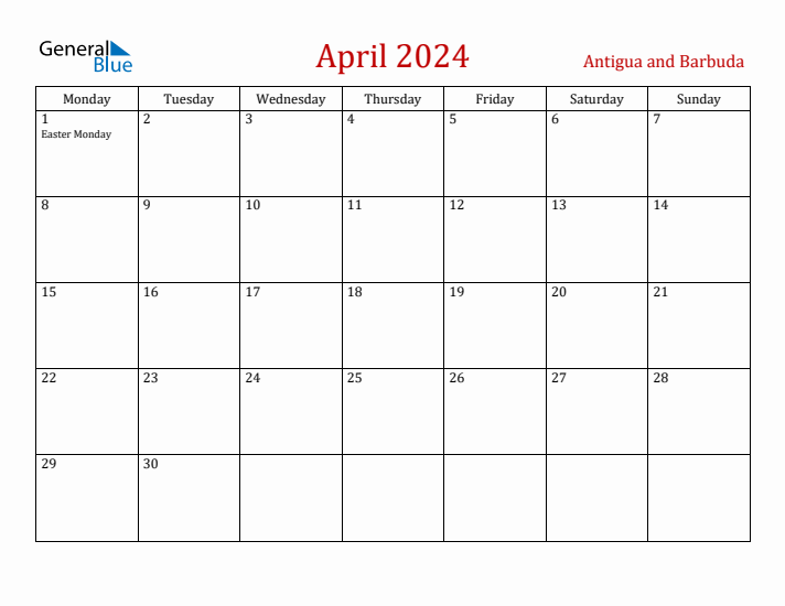 Antigua and Barbuda April 2024 Calendar - Monday Start