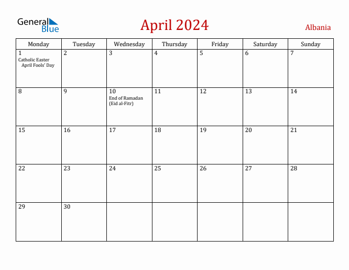 Albania April 2024 Calendar - Monday Start