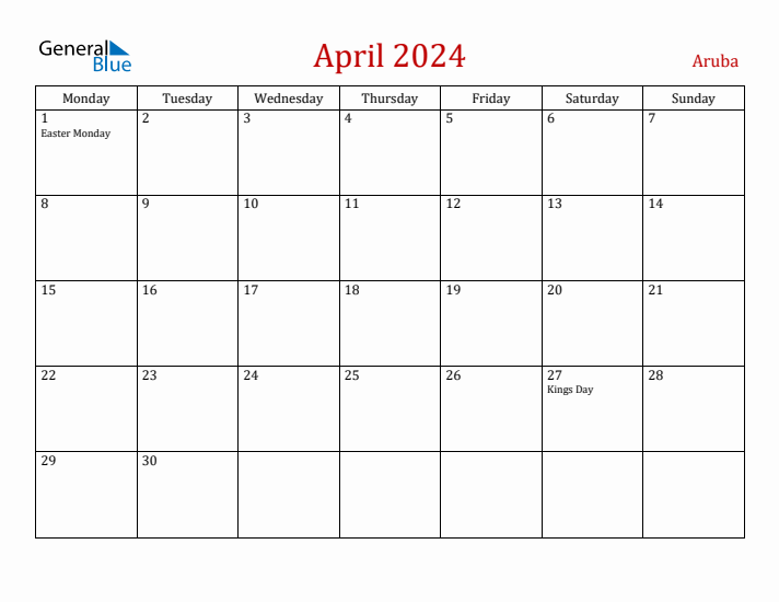Aruba April 2024 Calendar - Monday Start