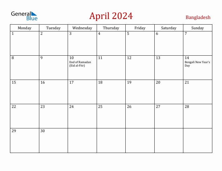 Bangladesh April 2024 Calendar - Monday Start
