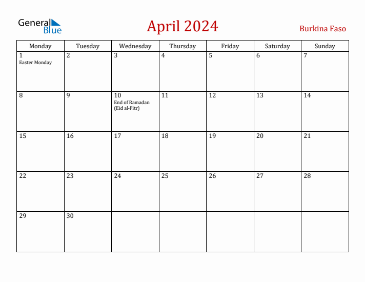 Burkina Faso April 2024 Calendar - Monday Start