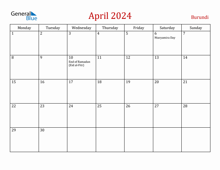 Burundi April 2024 Calendar - Monday Start
