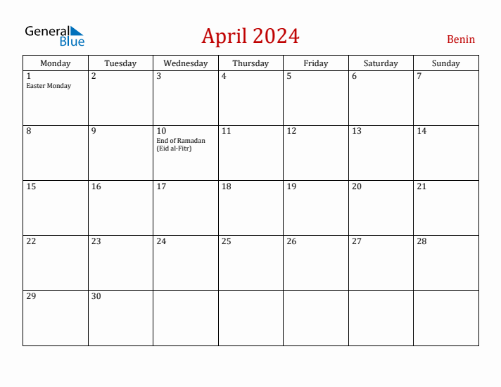 Benin April 2024 Calendar - Monday Start