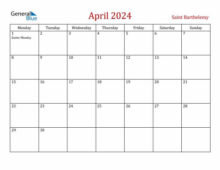 Saint Barthelemy April 2024 Calendar - Monday Start