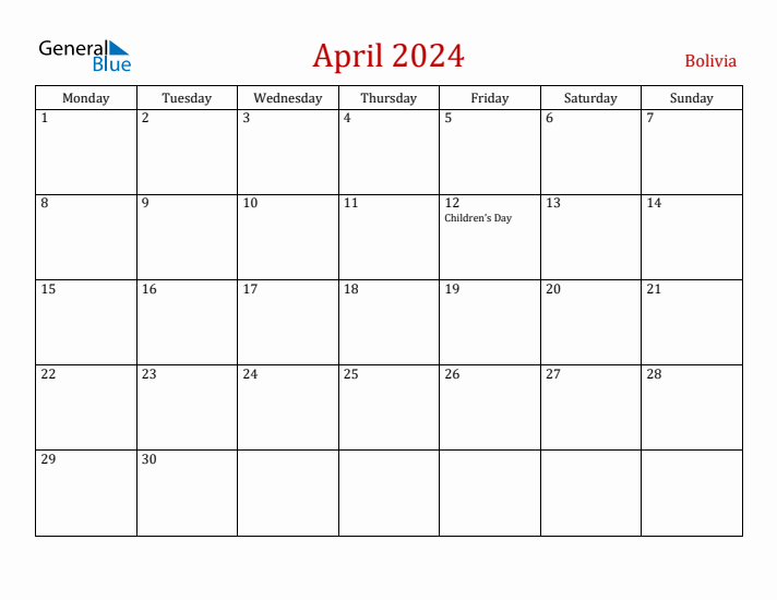 Bolivia April 2024 Calendar - Monday Start