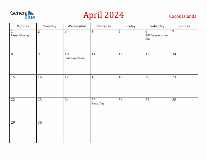 Cocos Islands April 2024 Calendar - Monday Start
