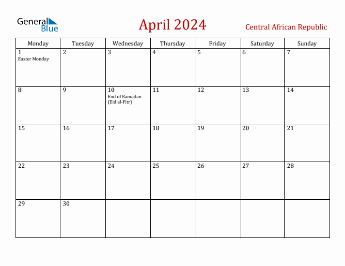 Central African Republic April 2024 Calendar - Monday Start