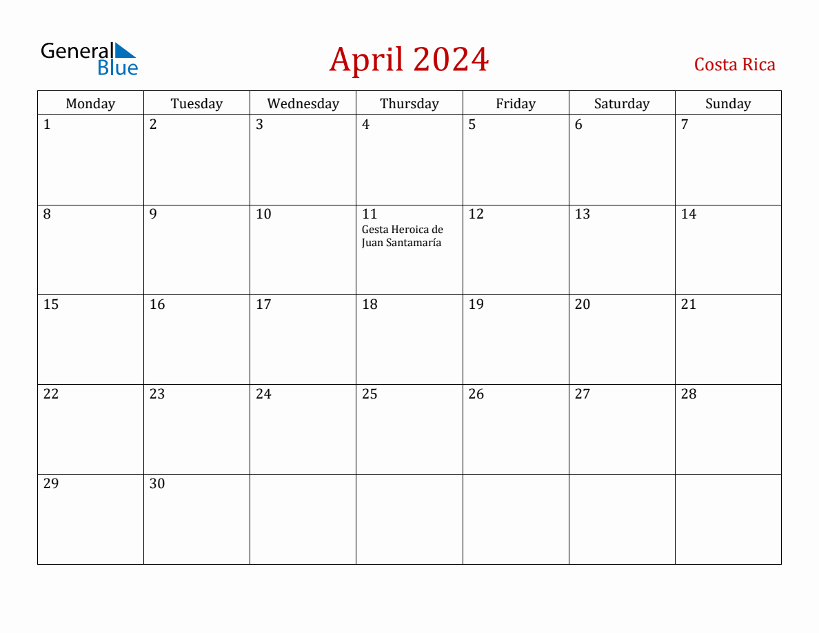 April 2024 Costa Rica Monthly Calendar with Holidays