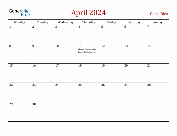 Costa Rica April 2024 Calendar - Monday Start