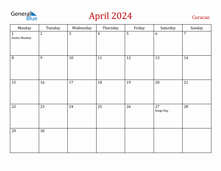Curacao April 2024 Calendar - Monday Start