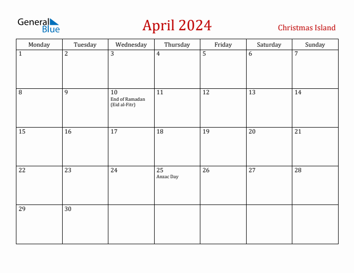 Christmas Island April 2024 Calendar - Monday Start
