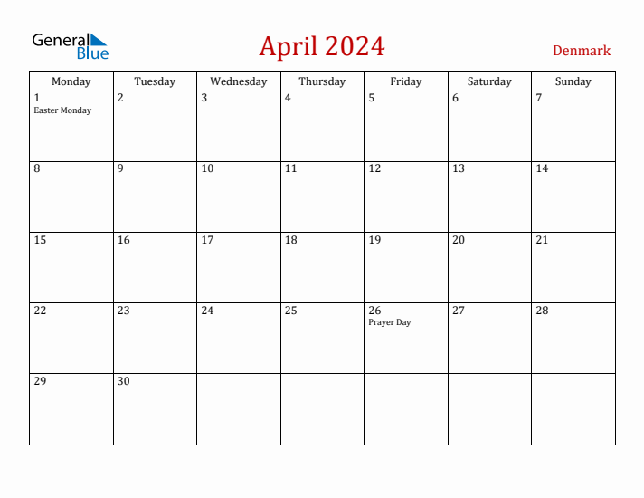 Denmark April 2024 Calendar - Monday Start