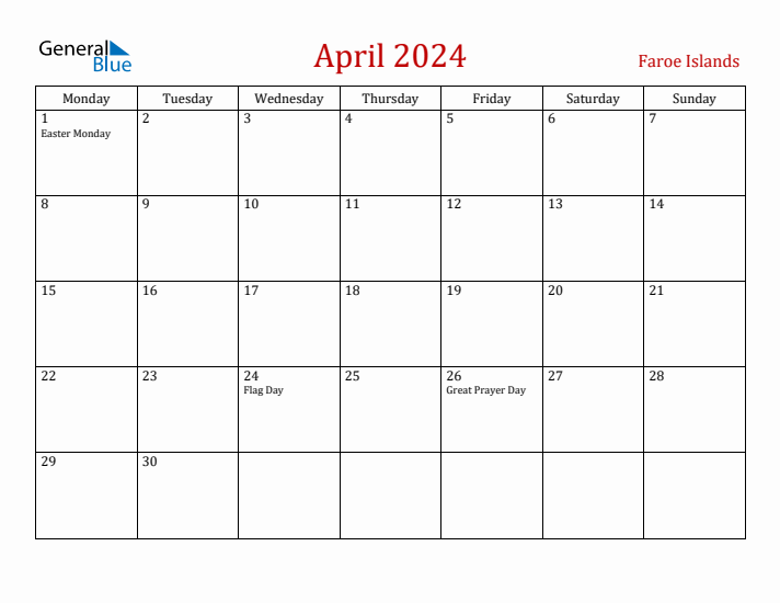 Faroe Islands April 2024 Calendar - Monday Start