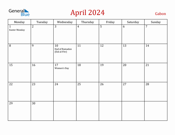 Gabon April 2024 Calendar - Monday Start