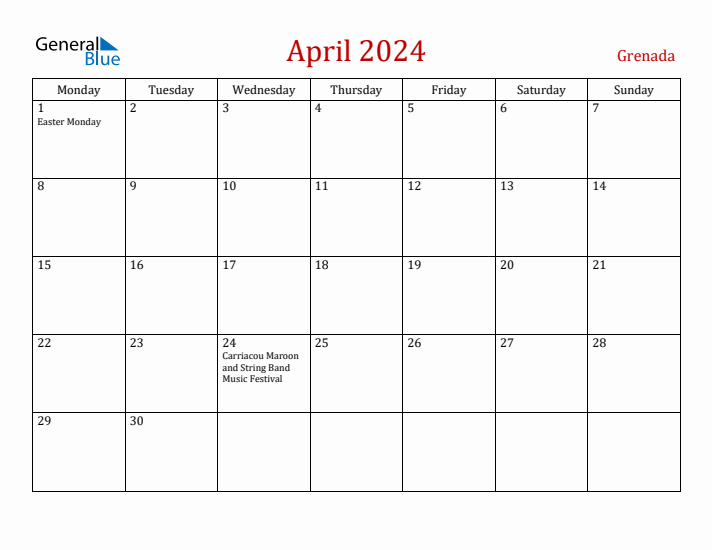 Grenada April 2024 Calendar - Monday Start