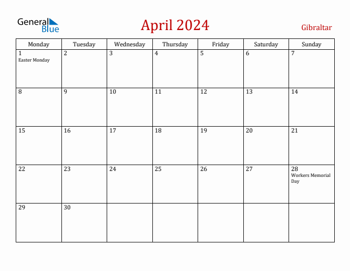 Gibraltar April 2024 Calendar - Monday Start