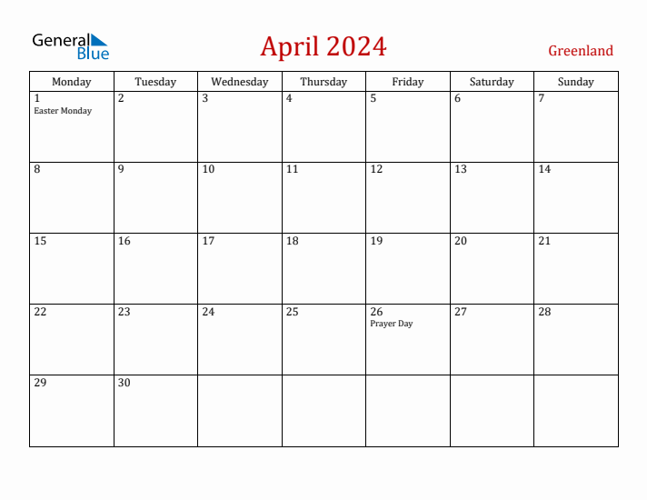 Greenland April 2024 Calendar - Monday Start