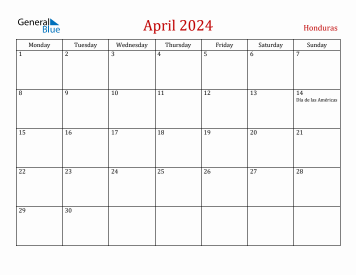 Honduras April 2024 Calendar - Monday Start