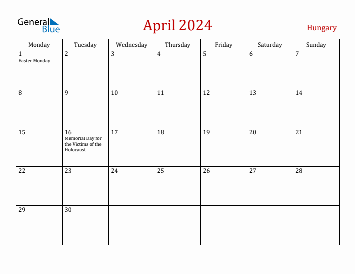 Hungary April 2024 Calendar - Monday Start