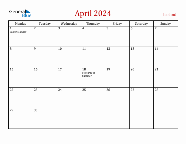 Iceland April 2024 Calendar - Monday Start