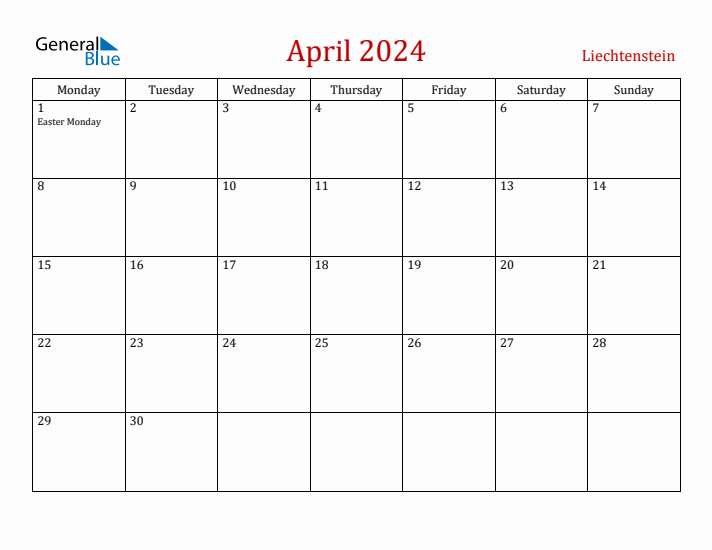 Liechtenstein April 2024 Calendar - Monday Start