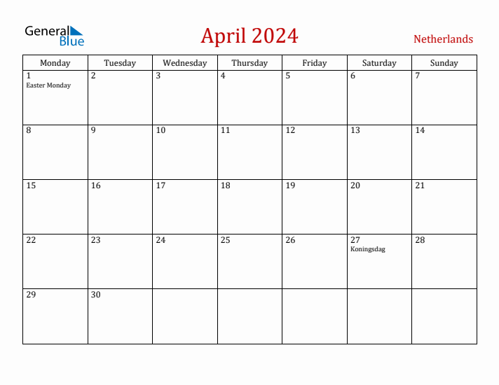 The Netherlands April 2024 Calendar - Monday Start