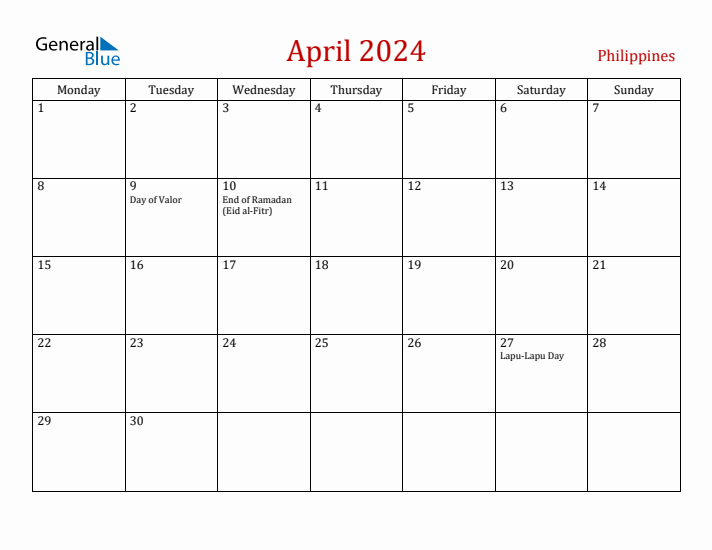 Philippines April 2024 Calendar - Monday Start