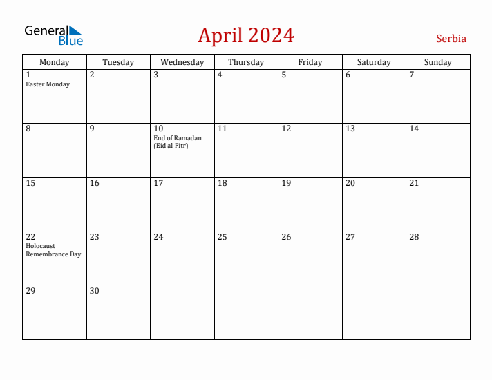 Serbia April 2024 Calendar - Monday Start
