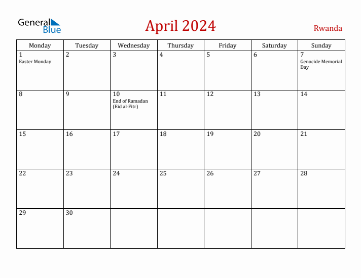 Rwanda April 2024 Calendar - Monday Start