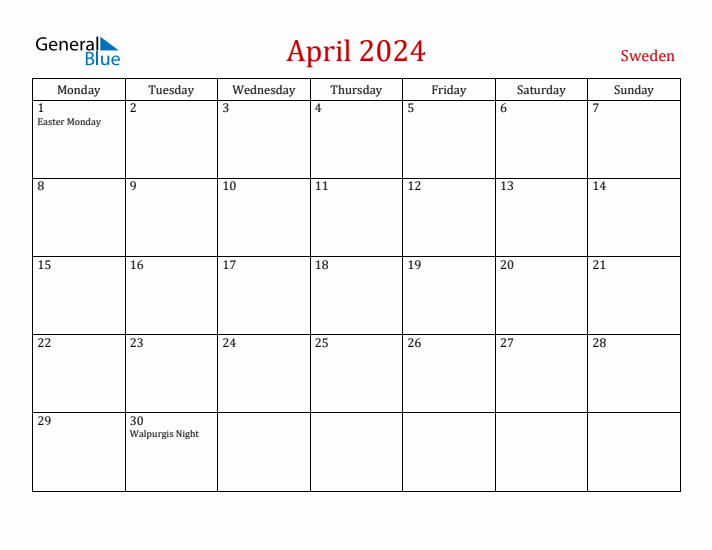 Sweden April 2024 Calendar - Monday Start