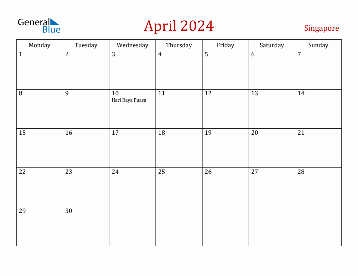 April 2024 Singapore Monthly Calendar with Holidays