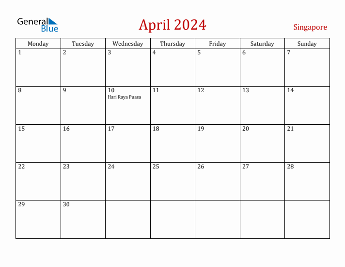 Singapore April 2024 Calendar - Monday Start