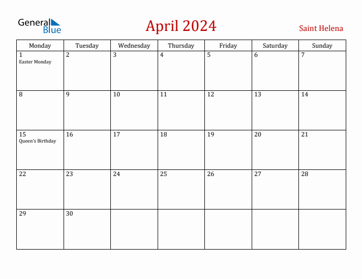 Saint Helena April 2024 Calendar - Monday Start