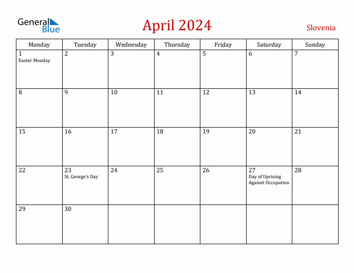 Slovenia April 2024 Calendar - Monday Start