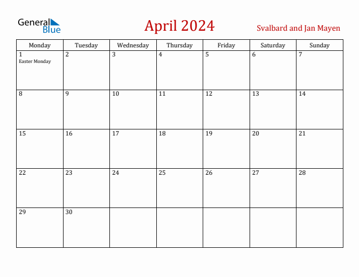 Svalbard and Jan Mayen April 2024 Calendar - Monday Start