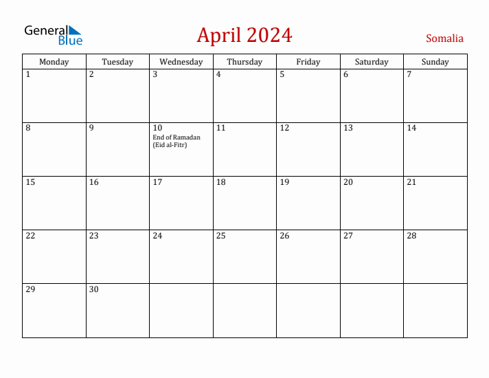 Somalia April 2024 Calendar - Monday Start