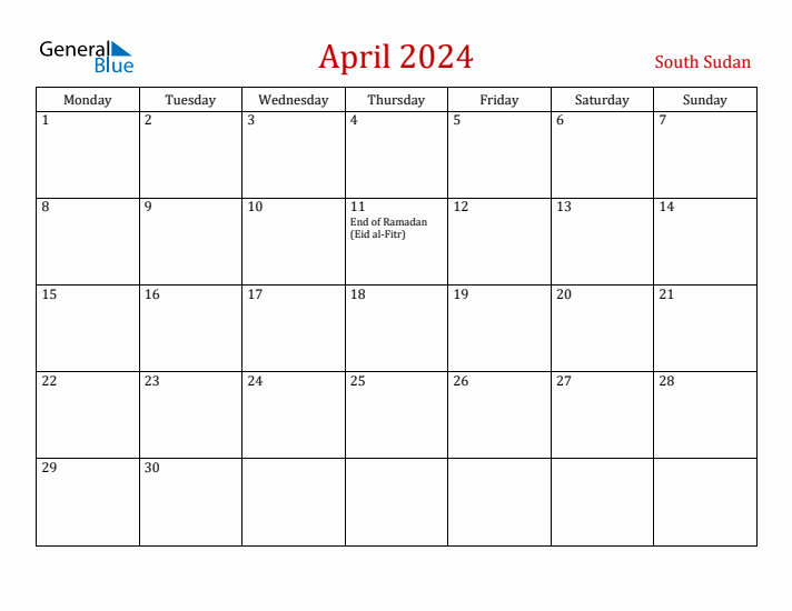 South Sudan April 2024 Calendar - Monday Start