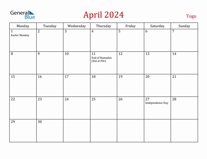 Togo April 2024 Calendar - Monday Start
