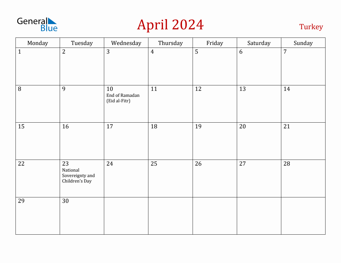 April 2024 Turkey Monthly Calendar with Holidays