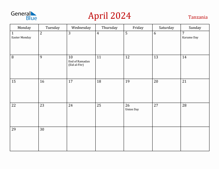 Tanzania April 2024 Calendar - Monday Start