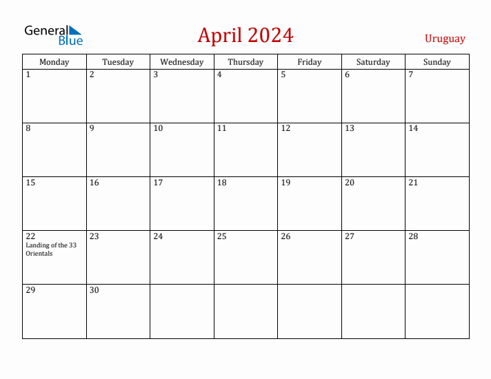 Uruguay April 2024 Calendar - Monday Start
