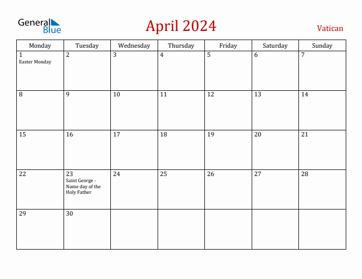 Vatican April 2024 Calendar - Monday Start