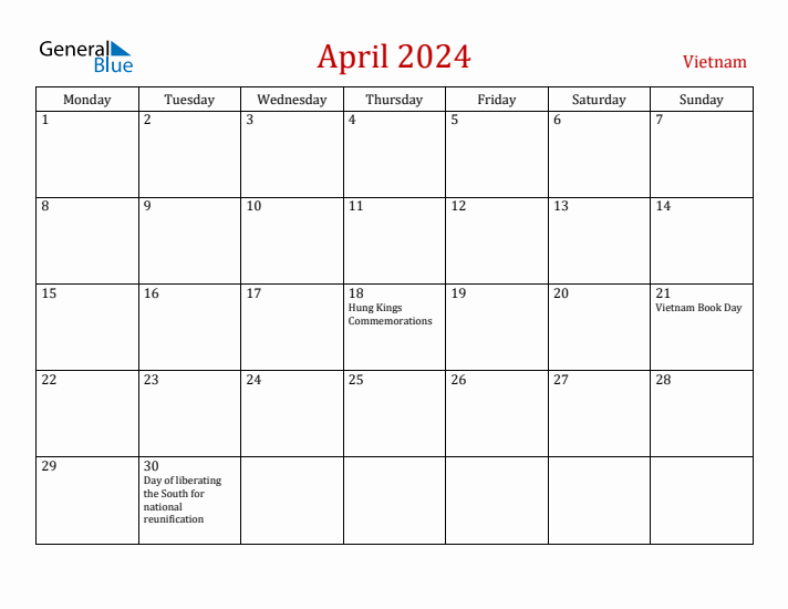 Vietnam April 2024 Calendar - Monday Start