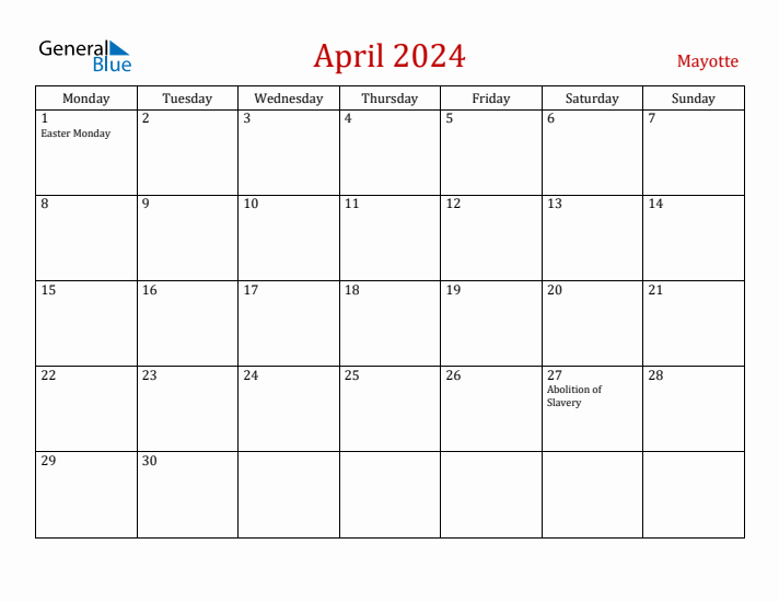 Mayotte April 2024 Calendar - Monday Start