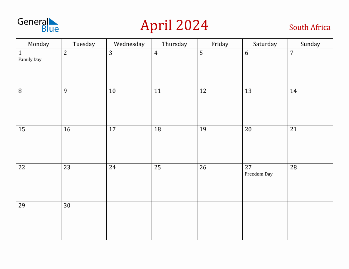 April 2024 South Africa Monthly Calendar with Holidays