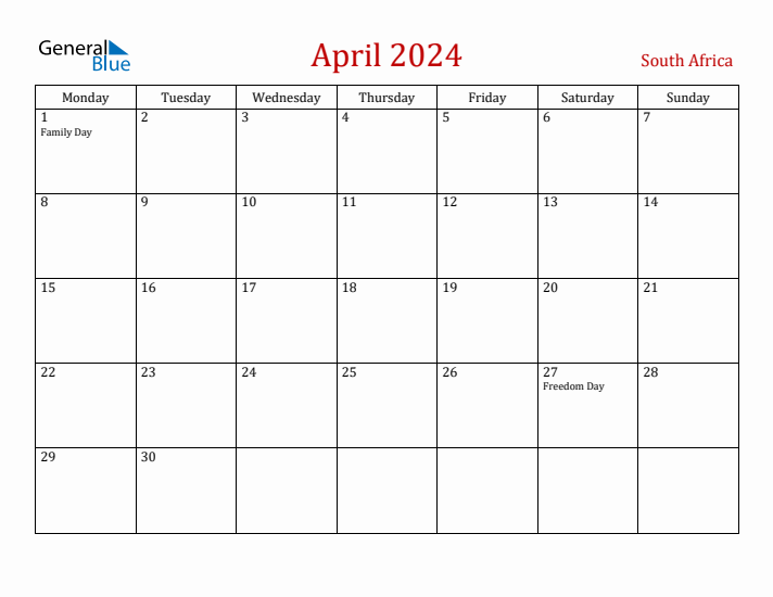 South Africa April 2024 Calendar - Monday Start