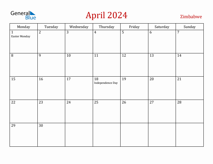 Zimbabwe April 2024 Calendar - Monday Start