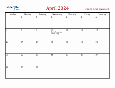 Current month calendar with United Arab Emirates holidays for April 2024